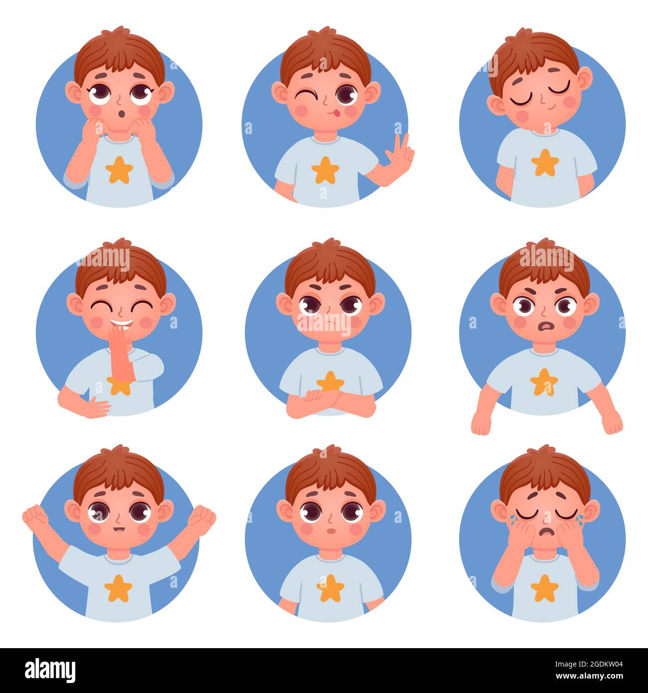 Dibujos animados niño pequeño avatar cara emociones y sentimientos. Niño  emoji confundido, enojado, reír y llorar. Juego de vectores de expresión  facial con carácter de niño Imagen Vector de stock - Alamy