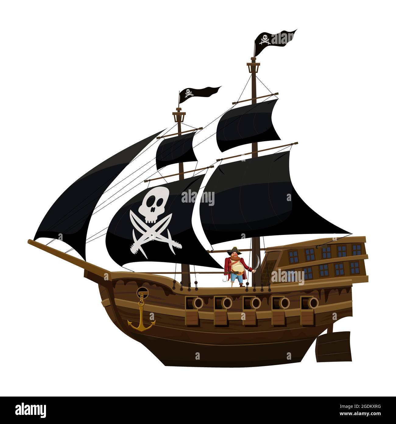 Barco pirata bajo vela negra, antiguo velero de madera con capitán.  Filibustero Buccaneer corscorsario con calavera de bandera negra, Jolly  Rodger. Ilustración vectorial Imagen Vector de stock - Alamy