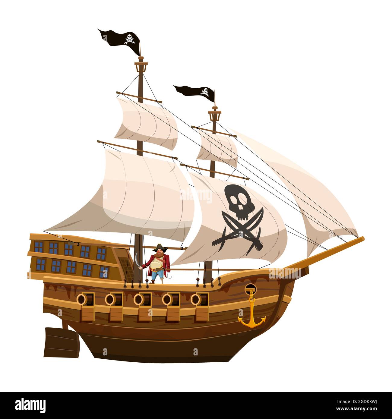 Barco pirata vela, viejo velero de madera. Filibustero Buccaneer  corscorsario con calavera de bandera negra, Jolly Rodger. Estilo de  ilustración vectorial Imagen Vector de stock - Alamy