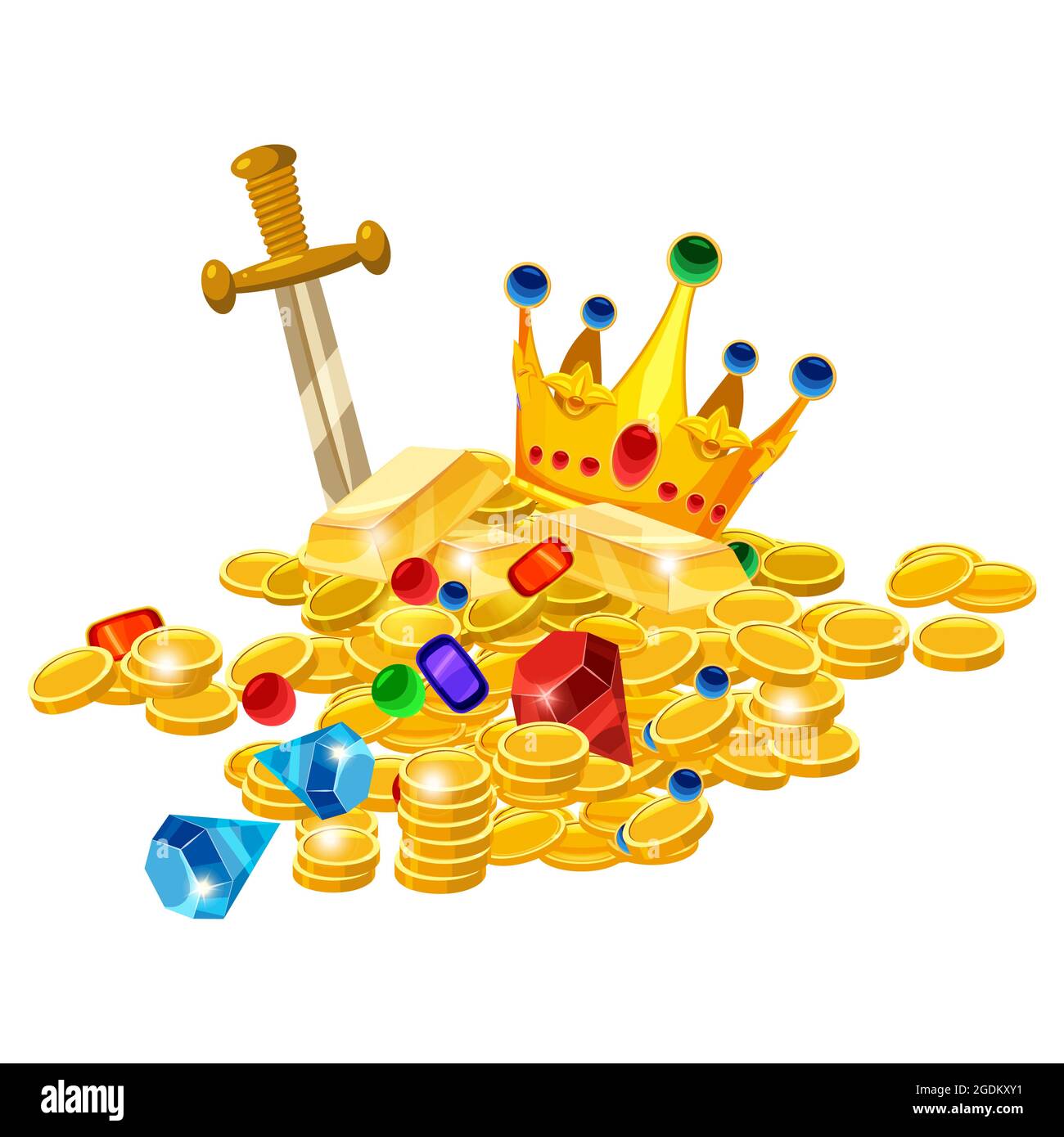 Conjunto de monedas de oro del tesoro, corona, gemas, espada, jevels,  diamantes. Lujo de oro de pila de fantasía antigua. Estilo de dibujo  animado vectorial para la ilustración de aplicaciones de juegos
