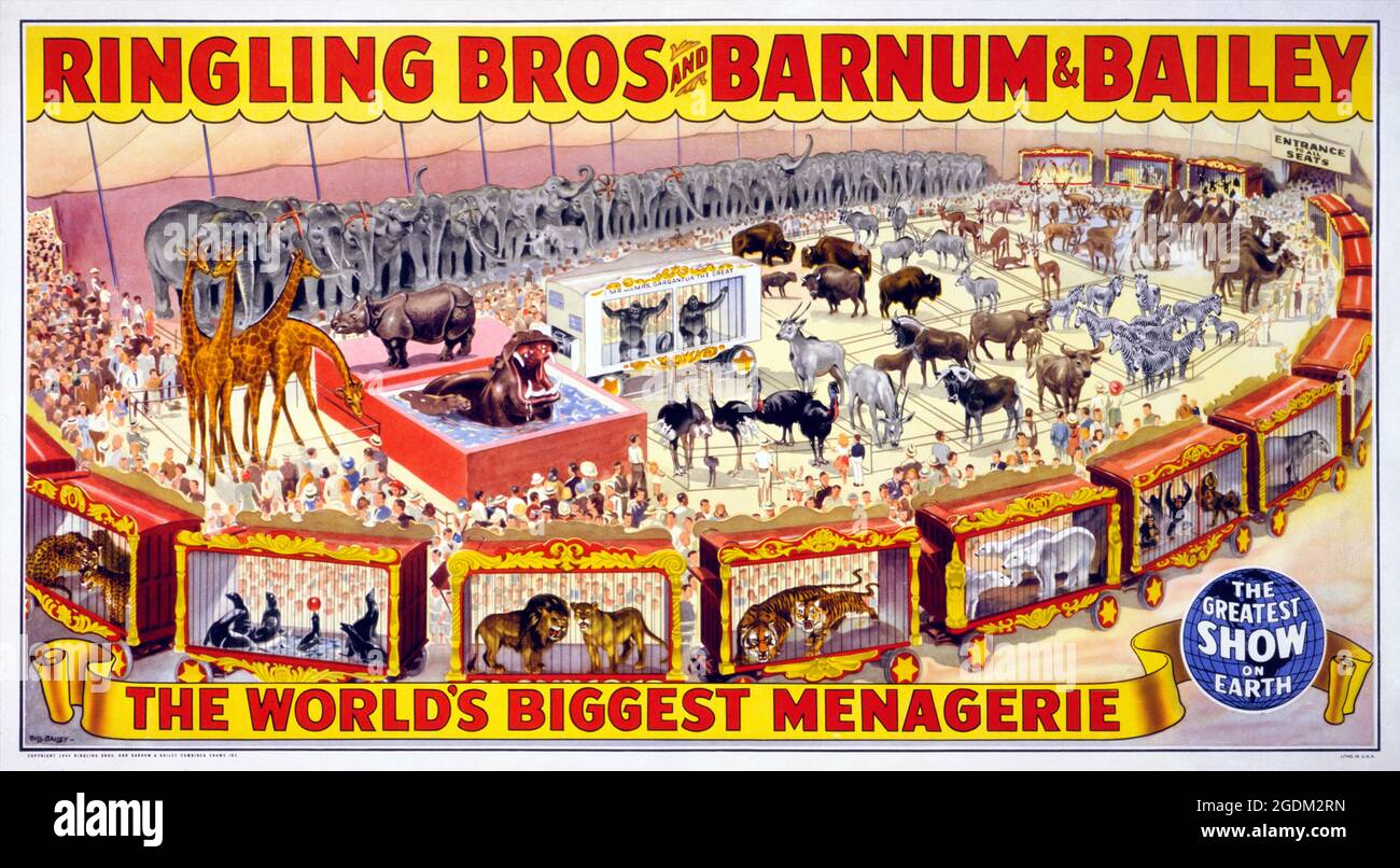 Ringling Bros y Barnum & Bailey. La mayor menagerie del mundo de Bill Bailey (1886-1966). Póster vintage restaurado publicado en 1944 en los Estados Unidos. Foto de stock