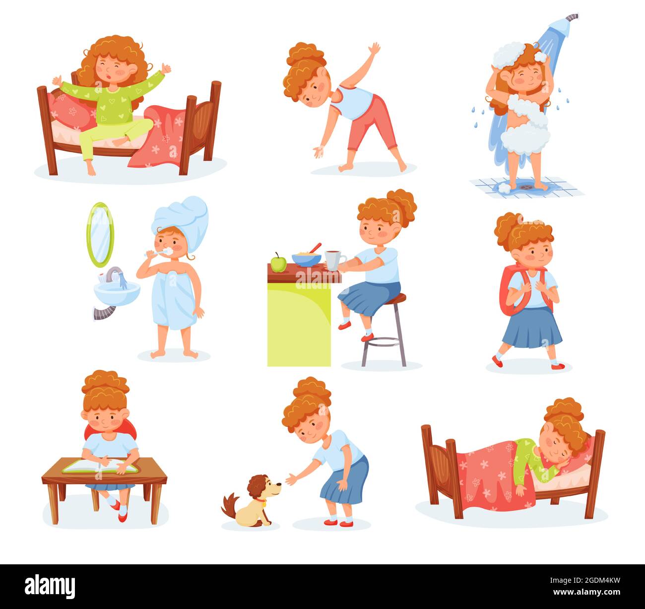 Dibujos animados linda niña rutina diaria y actividades para niños. Niño cepillándose los dientes, comiendo el desayuno, estudiando. Rutina de día para niños juego de vectores. Hábitos cotidianos como hacer deporte, jugar Dibujos animados linda niña rutina diaria y actividades para niños. Niño cepillándose los dientes, comiendo el desayuno, estudiando. Rutina de día para niños juego de vectores. Hábitos cotidianos como hacer deporte, jugar