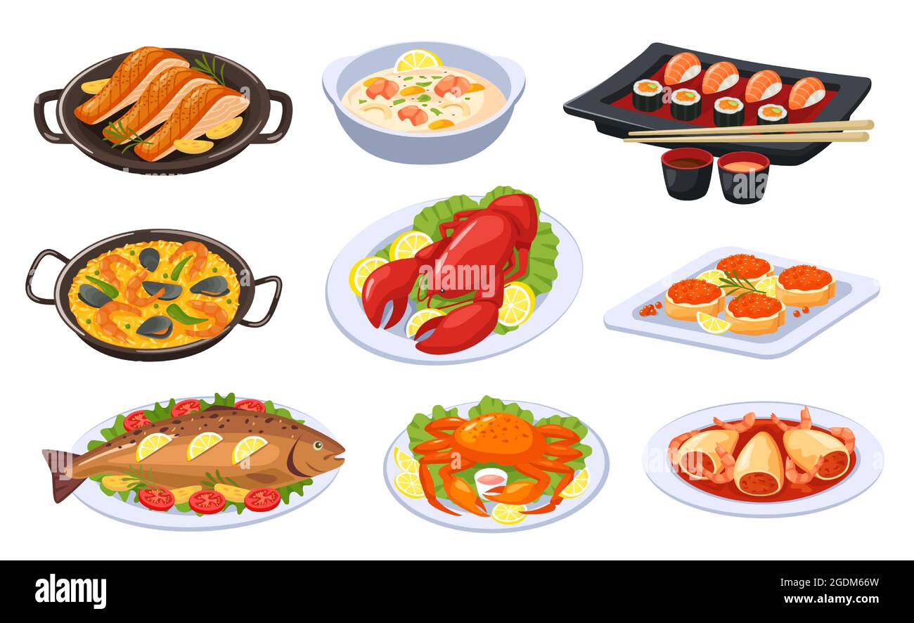 Platos de mariscos de dibujos animados, comida asiática y cocina. Sushi,  langosta, salmón, sopa de camarones, pescado al horno. Delicioso plato de  marisco festivo juego de vectores. Comida tradicional japonesa,  presentación en
