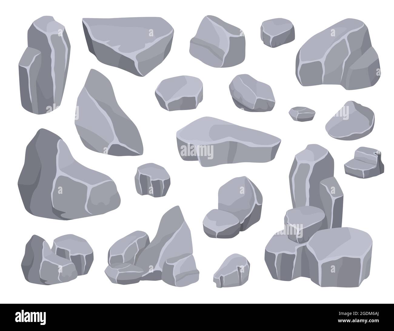 Piedras de roca de dibujos animados, acantilados de montaña grises y rocas.  Formación de rocas de varios tamaños, residuos minerales, conjunto de  vectores de pila de hormigón roto. Bloques naturales para construcción