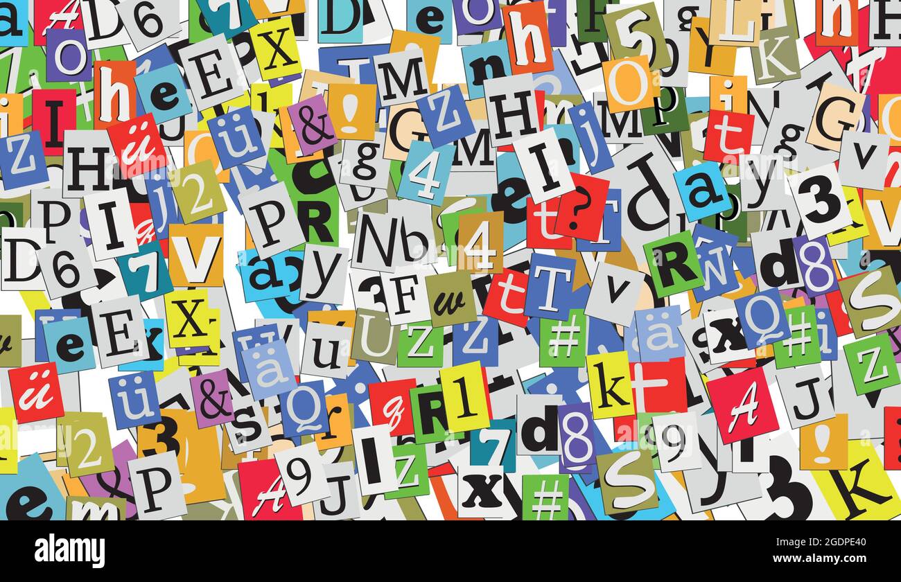 collage de letras, texto al azar y letra del alfabeto colorada cortada  Imagen Vector de stock - Alamy
