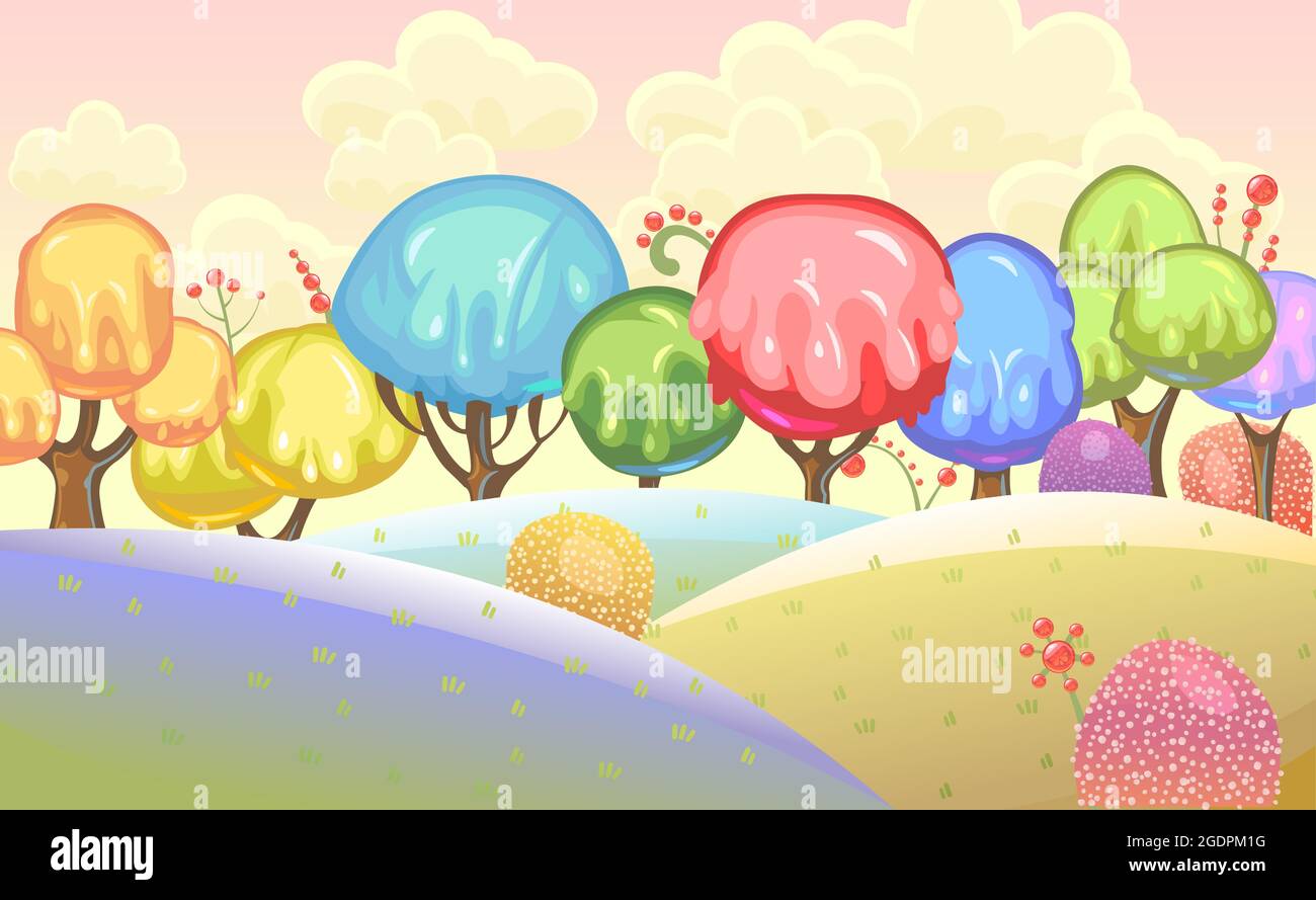 Fondo de caramelo. Tierra dulce de dibujos animados. Perlas de jalea, helado y caramelo. Chocolate. Lindo paisaje de hadas para niños. Nubes. Precioso, fantástico Ilustración del Vector
