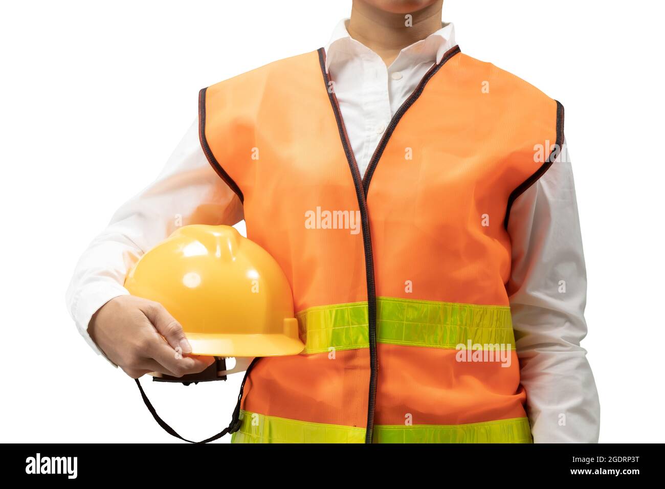 Ingeniero asiático o técnico con casco de seguridad y chaleco reflectante Foto de stock