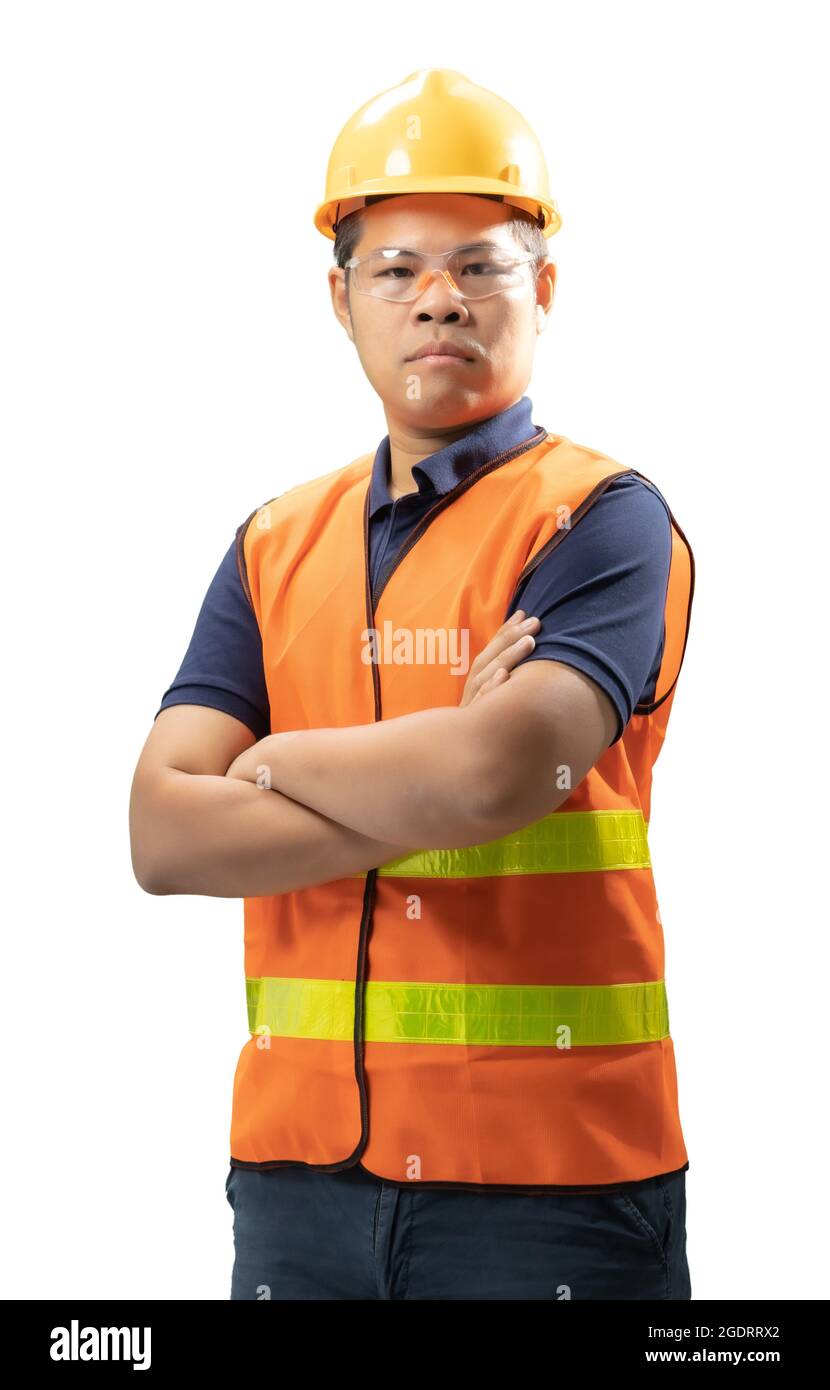 El ingeniero o técnico asiático lleva casco de seguridad y chaleco reflectante Foto de stock
