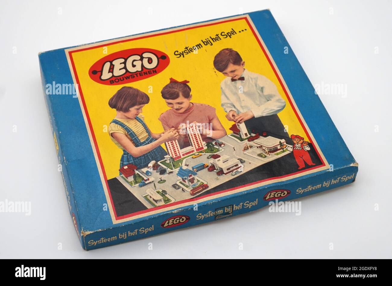 Ladrillos de construcción LEGO. Diseño de la primera caja de 1958,  exclusivo de Holanda. Juego de cajas de Lego Temprano. Lanzado en 1953 como  Lego, el diseño fue reforzado en 1958 con