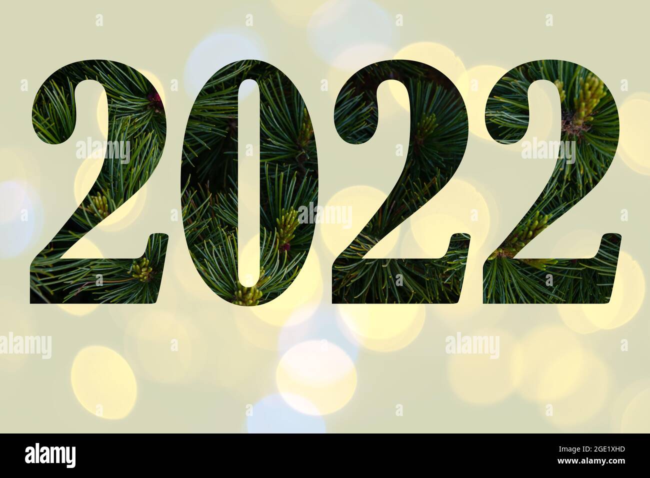 Números 2022 de ramas de pino cerca de un fondo amarillo claro con un hermoso bokeh, fondo natural de Navidad. Tarjeta de Año Nuevo para 2022 Foto de stock
