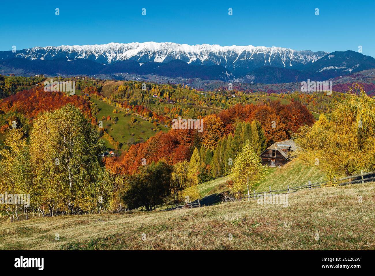 Pintoresco paisaje otoñal y colorido bosque caducifolio en las colinas. Bosque colorido en la pendiente y montañas nevadas en el fondo, Piatra Craiul Foto de stock