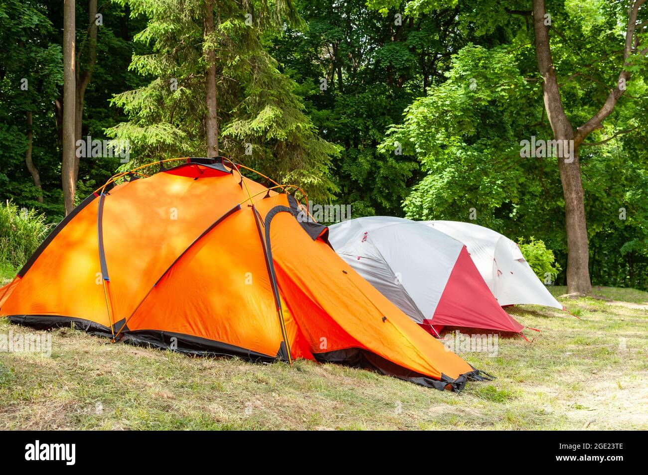 Camping y tienda de campaña bajo el bosque . Camping tienda de campaña en  un camping en un bosque Fotografía de stock - Alamy
