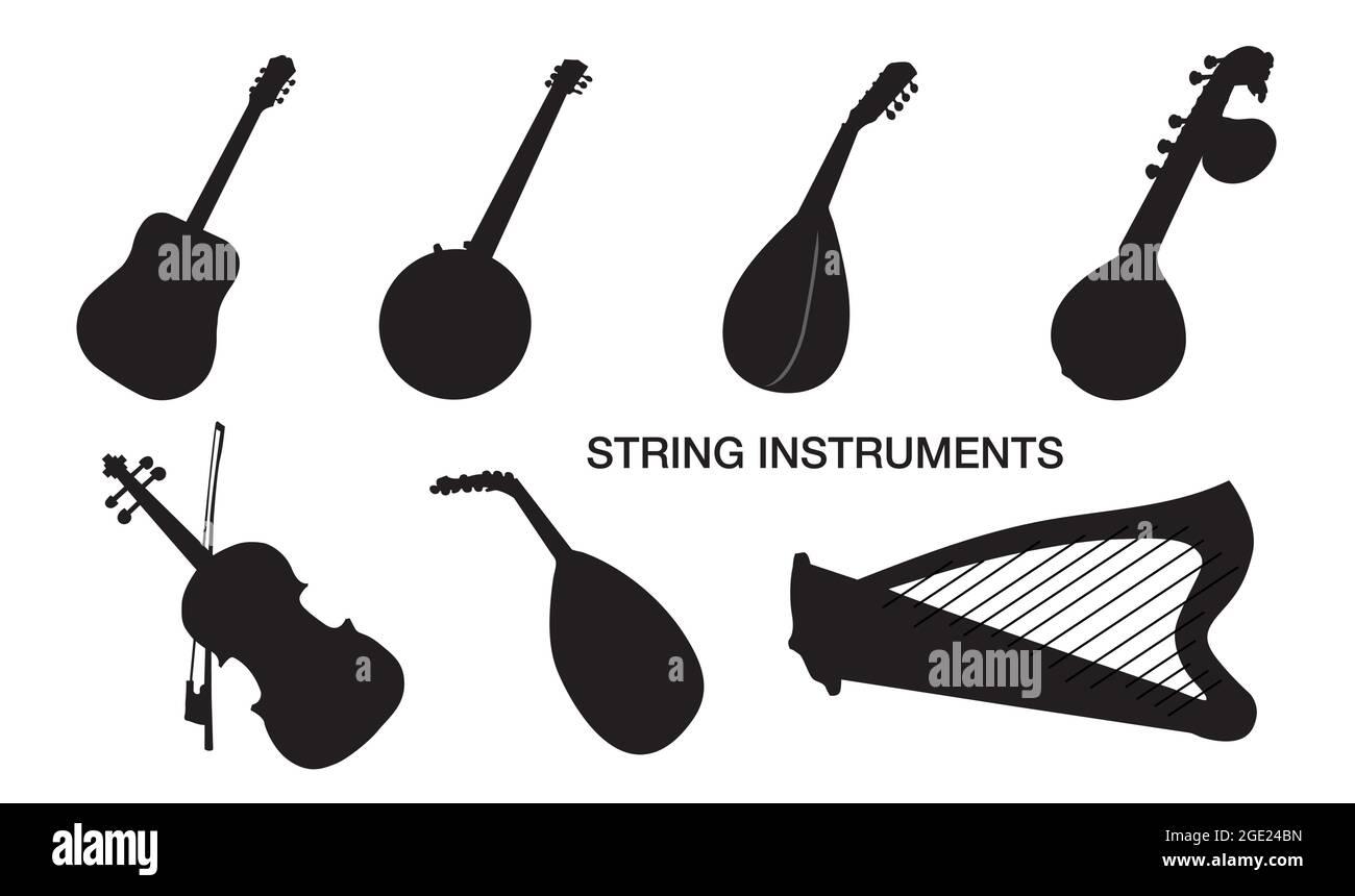 Conjunto de instrumentos musicales de cuerda. Guitarra, arpa, violín, saxofón. Se puede utilizar para orquesta, concierto acústico. Recogida de instrumentos. Ilustración del Vector