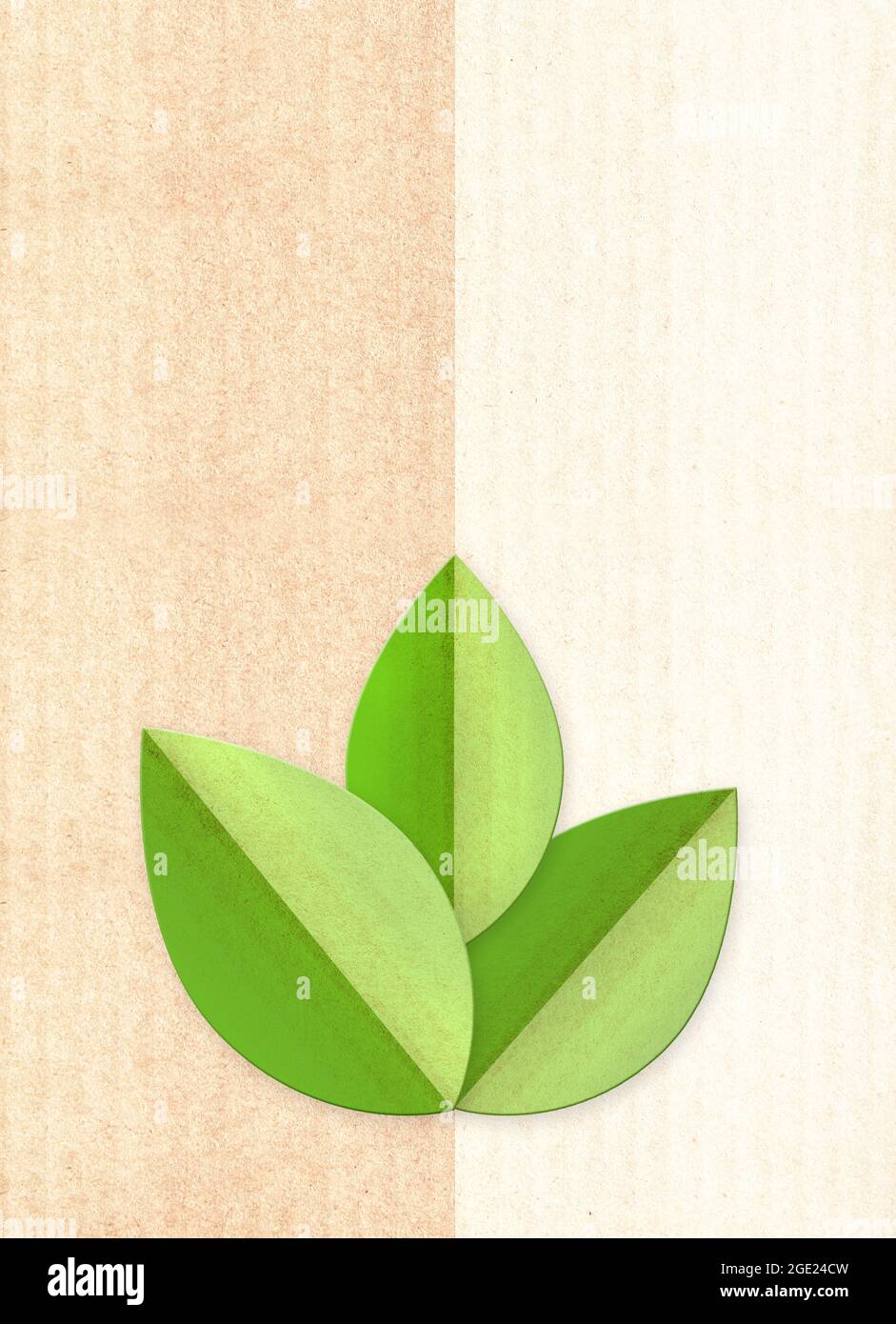 Fondo de cartón de papel con hojas verdes en forma de papel cortado. Banner  vertical con textura de papel ecológica. Material de cartón reciclado.  Espacio de copia para tex Fotografía de stock -