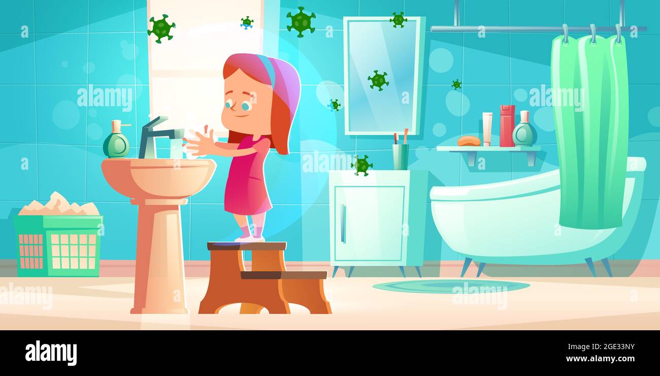 Chica se lava las manos en el baño con bacterias voladoras Imagen Vector de  stock - Alamy