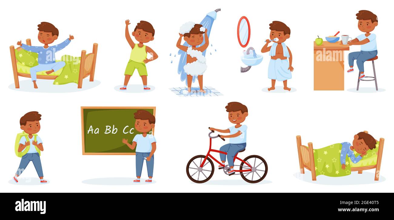 Niño pequeño de dibujos animados diario rutina por la mañana y actividades de la noche. Niño feliz despertando, haciendo ejercicio, estudiando. Conjunto de vectores de estilo de vida diario para niños. Personaje Niño pequeño de dibujos animados diario rutina por la mañana y actividades de la noche. Niño feliz despertando, haciendo ejercicio, estudiando. Conjunto de vectores de estilo de vida diario para niños. Personaje