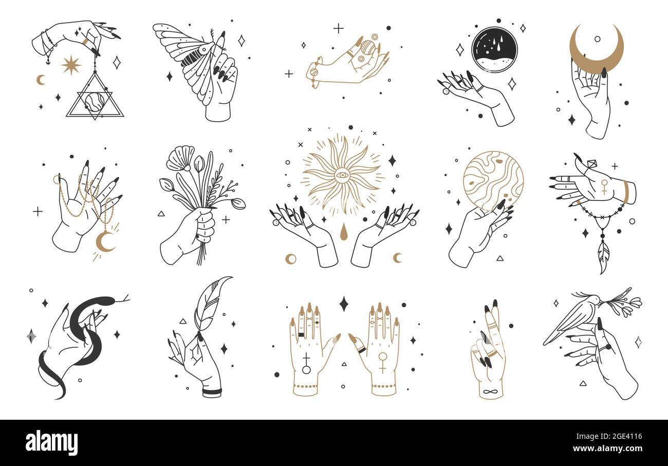 Manos de bruja mística, logotipo de mano femenina con elementos esotéricos.  Cristales mágicos, luna, joyas en manos. Juego de vector de tarjeta de  tarot de boho witchcraft. Sosteniendo un manojo de flores,