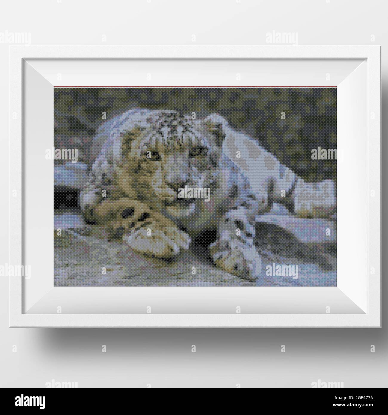 Retrato de un leopardo de la nieve. Un leopardo de la nieve se encuentra en  una roca. Leopardo de la nieve. Ilustración de bordado de punto de cruz.  Imitación de la estructura