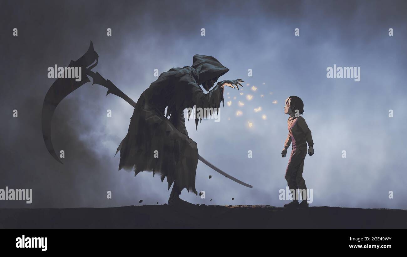La muerte como conocido como Gim Reaper seduciendo al niño con mariposas brillantes, estilo de arte digital, pintura de ilustración Foto de stock