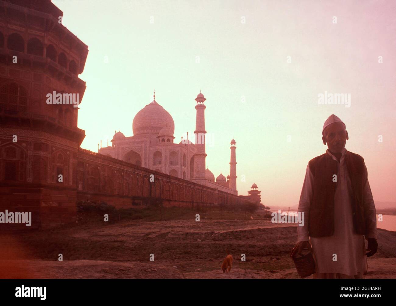 Taj Mahal desde el río Yamuna en Sunset, Agra, Uttar Pradesh, India Foto de stock