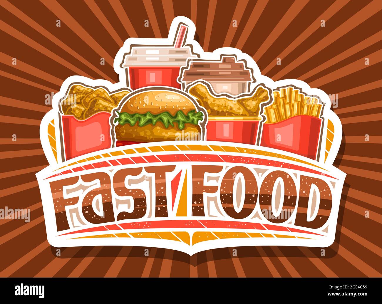 Logotipo de Vector para comida rápida, papel cortado para letrero americano  café con ilustración de piezas de pollo asado en cubo de cartón rojo,  hamburguesa de pollo Imagen Vector de stock -