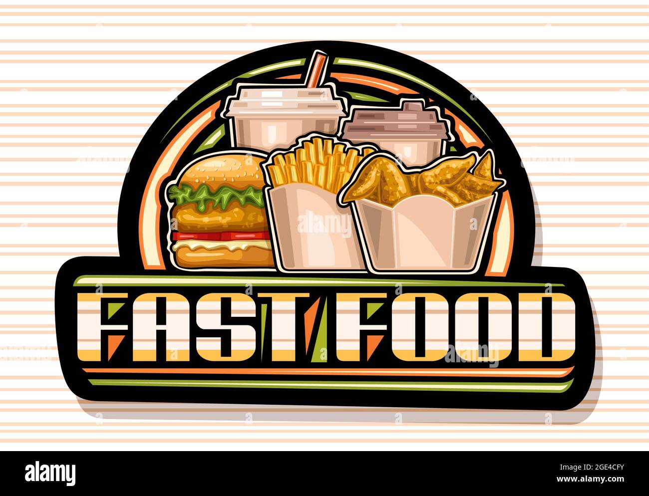 Logotipo de Vector para comida rápida, letrero oscuro para café americano  con ilustración de trozos de pollo asado en caja de cartón, sabrosa gallina  burge Imagen Vector de stock - Alamy