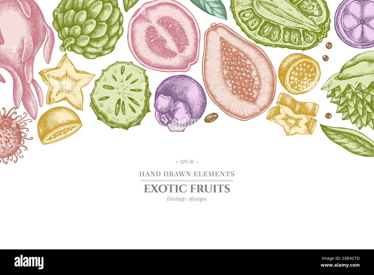 Diseño con papaya color pastel, guayaba, fruta de la pasión, starfruit