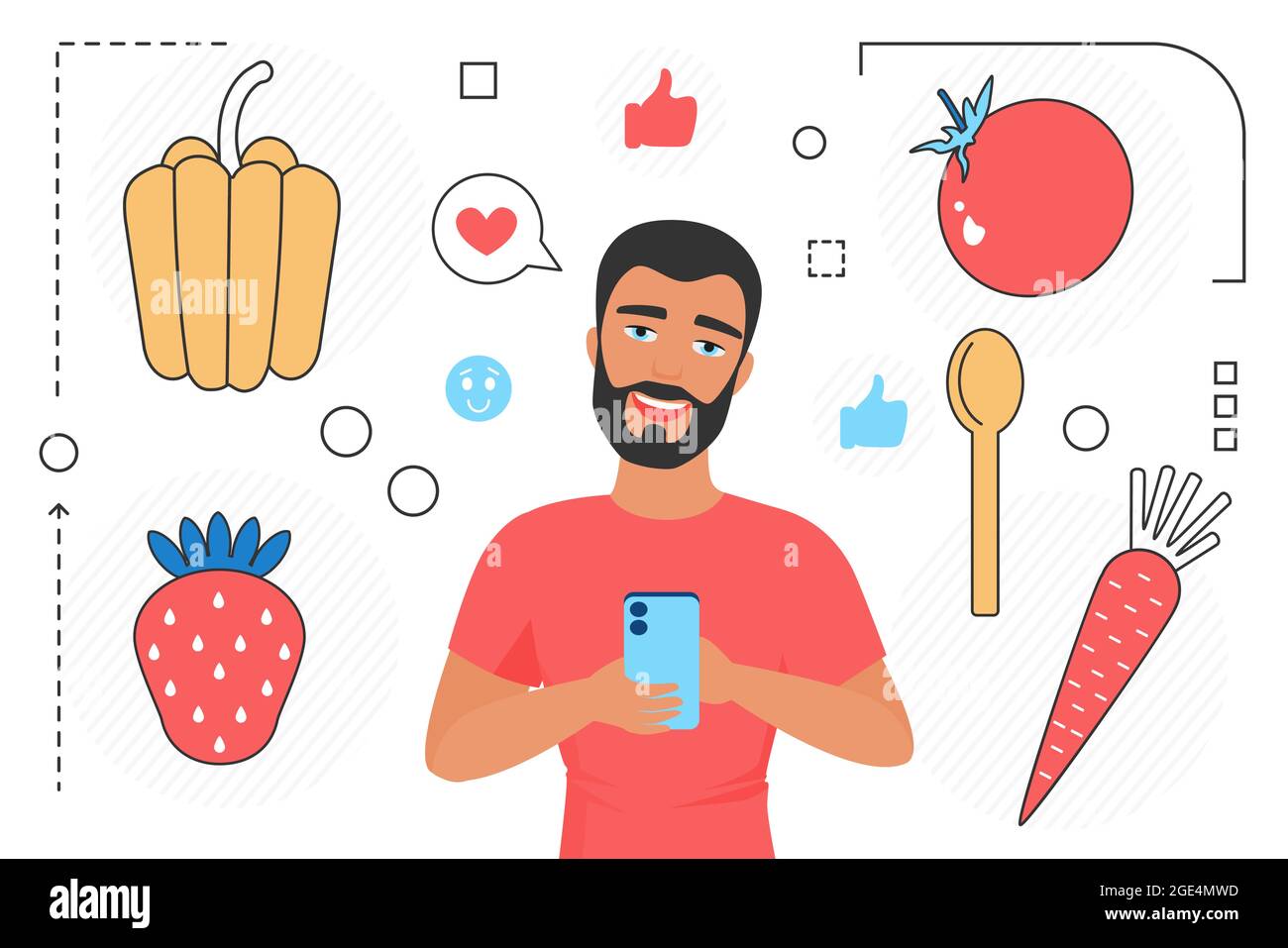 Ilustración del vector de la aplicación del teléfono de la alimentación, de  la dieta y de la nutrición sanas. Personaje de hombre de dibujos animados  con aplicación de smartphone para cocinar comida