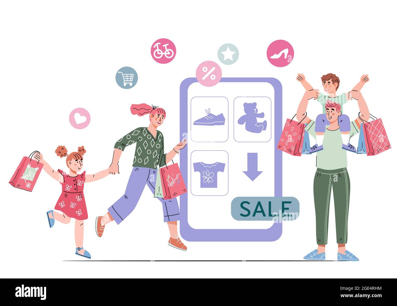 Familia comprando ropa y bienes en la venta de la tienda en línea,  ilustración de vector de dibujos animados planos aislados sobre fondo blanco.  Tienda online de venta de eventos e interne