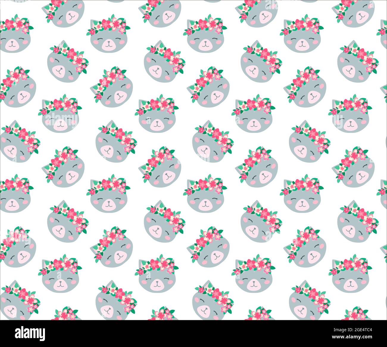 Papel tapiz vectorial sin costuras para bebés y niños. Patrón con gatos en  coronas florales sobre fondo blanco. Bonitos personajes de dibujos animados  en primavera. Impresión en pañales para niños, ropa, estación