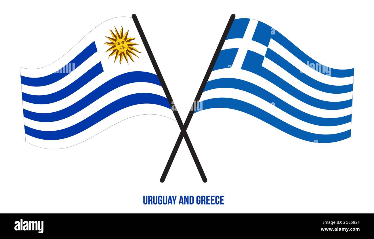Banderas de Uruguay y Grecia Cruzadas y ondeando Estilo Plano