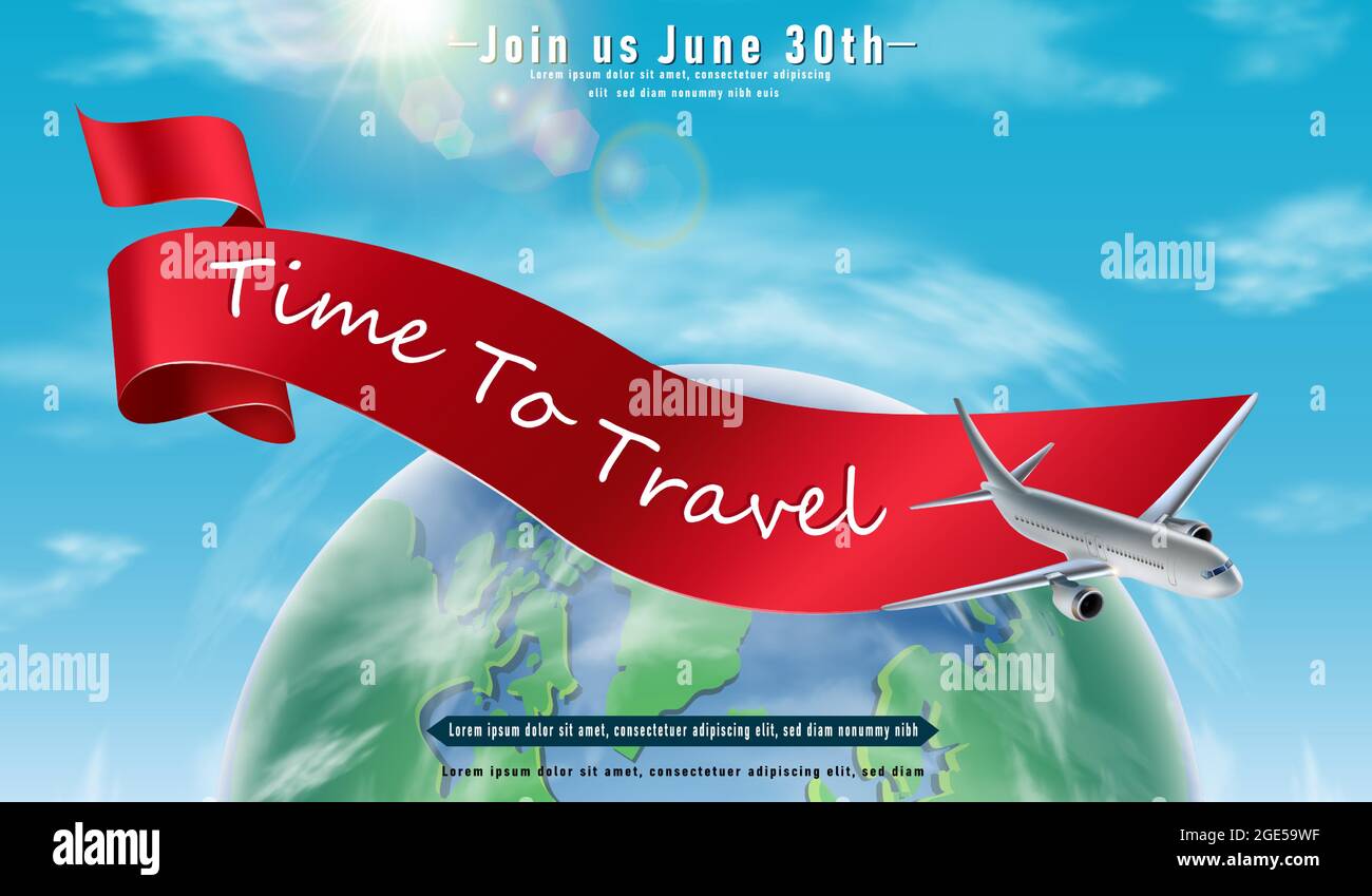 Tiempo para viajar banner con globo verde y avión alrededor y cinta roja  Imagen Vector de stock - Alamy