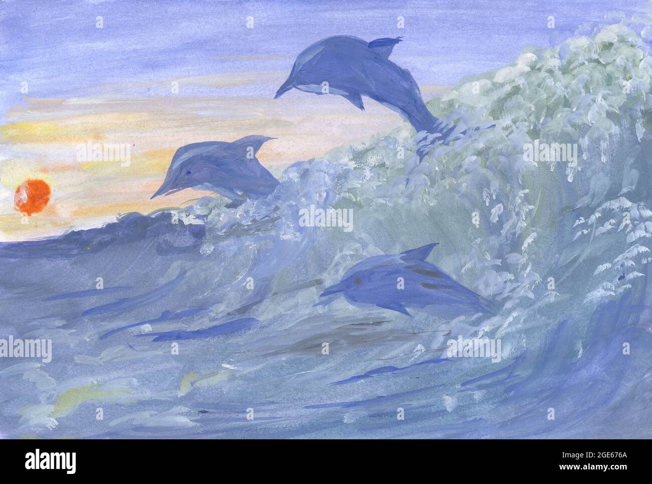 Acuarela paisaje marino y delfines brillante ilustración para el arte y el  diseño. Ilustración de la portada, las impresiones, la tela, las tarjetas,  el póster y mucho más Fotografía de stock -