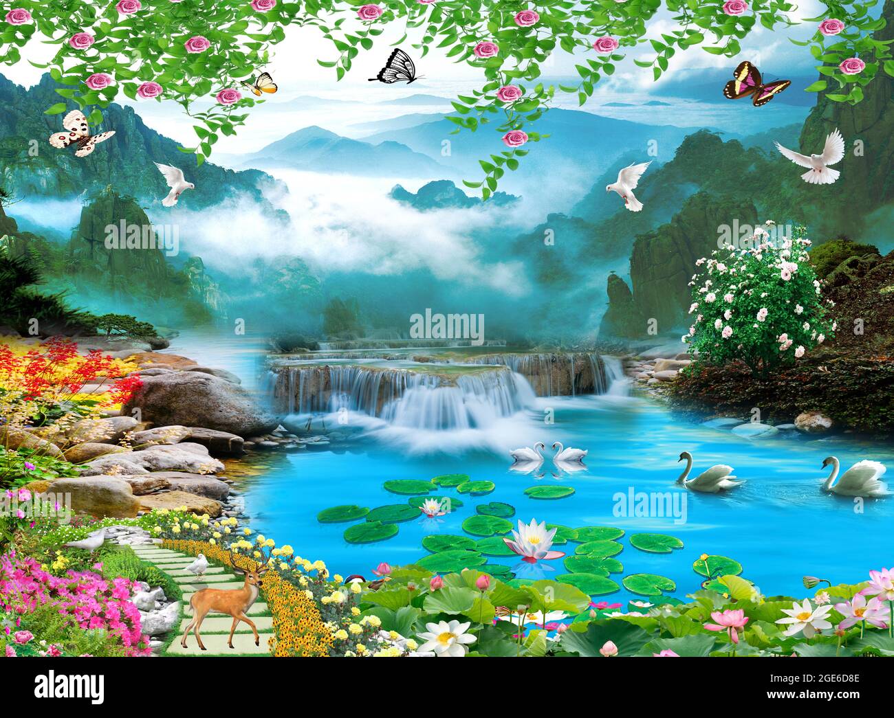 3d murales de paisaje colorido. flores ramas de varios colores con árboles  y agua de lago. Vistas a la cascada y a las montañas. Ideal para imprimir  sobre lienzo Fotografía de stock -
