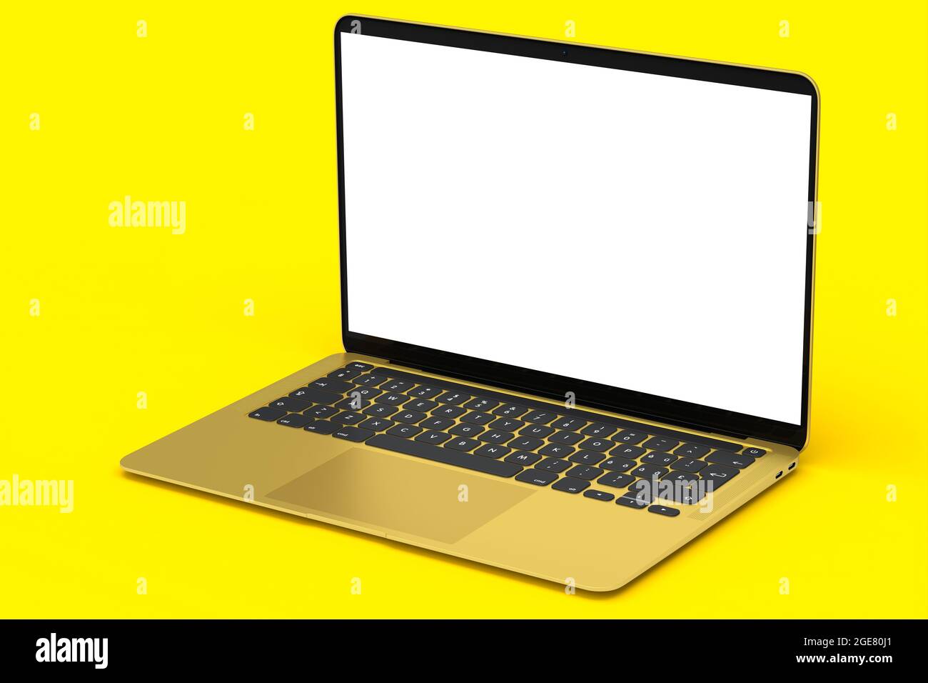 Portátil realista de aluminio dorado con pantalla blanca vacía aislada sobre fondo amarillo. 3D renderizado de ordenador portátil abierto para estudio en casa w Foto de stock