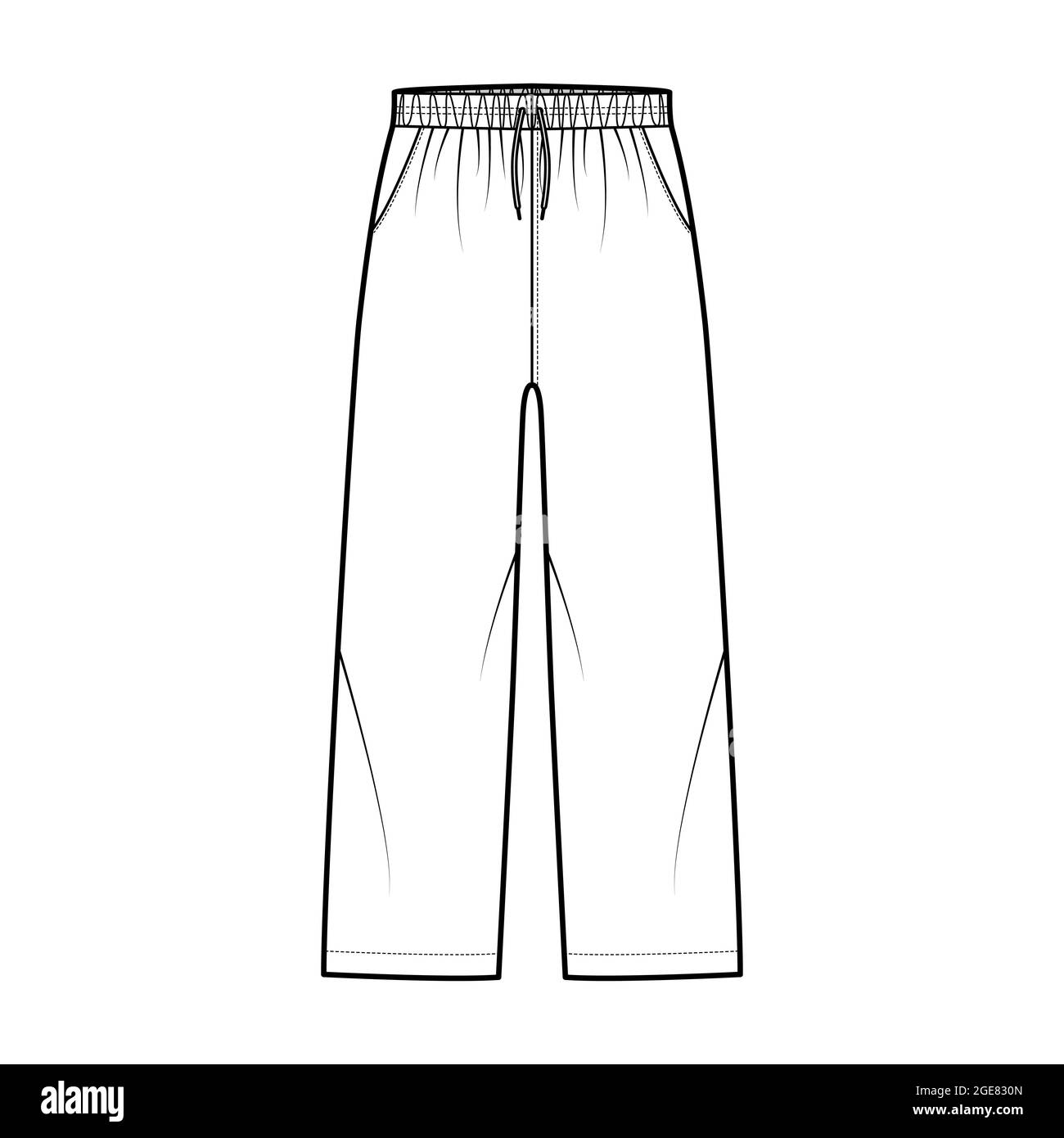 Pantalones de entrenamiento pantalones cortos deportivos ilustración  técnica de moda con cintura baja elástica, talle, cordones, bolsillos,  longitud de tobillo. Plantilla de ropa plana en la parte delantera, color  blanco. Mujeres hombres