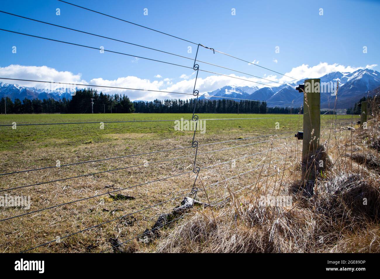 Nuevo poste y cerca de red que divide el límite de la granja del lecho del río en el país alto, Canterbury, Nueva Zelanda Foto de stock