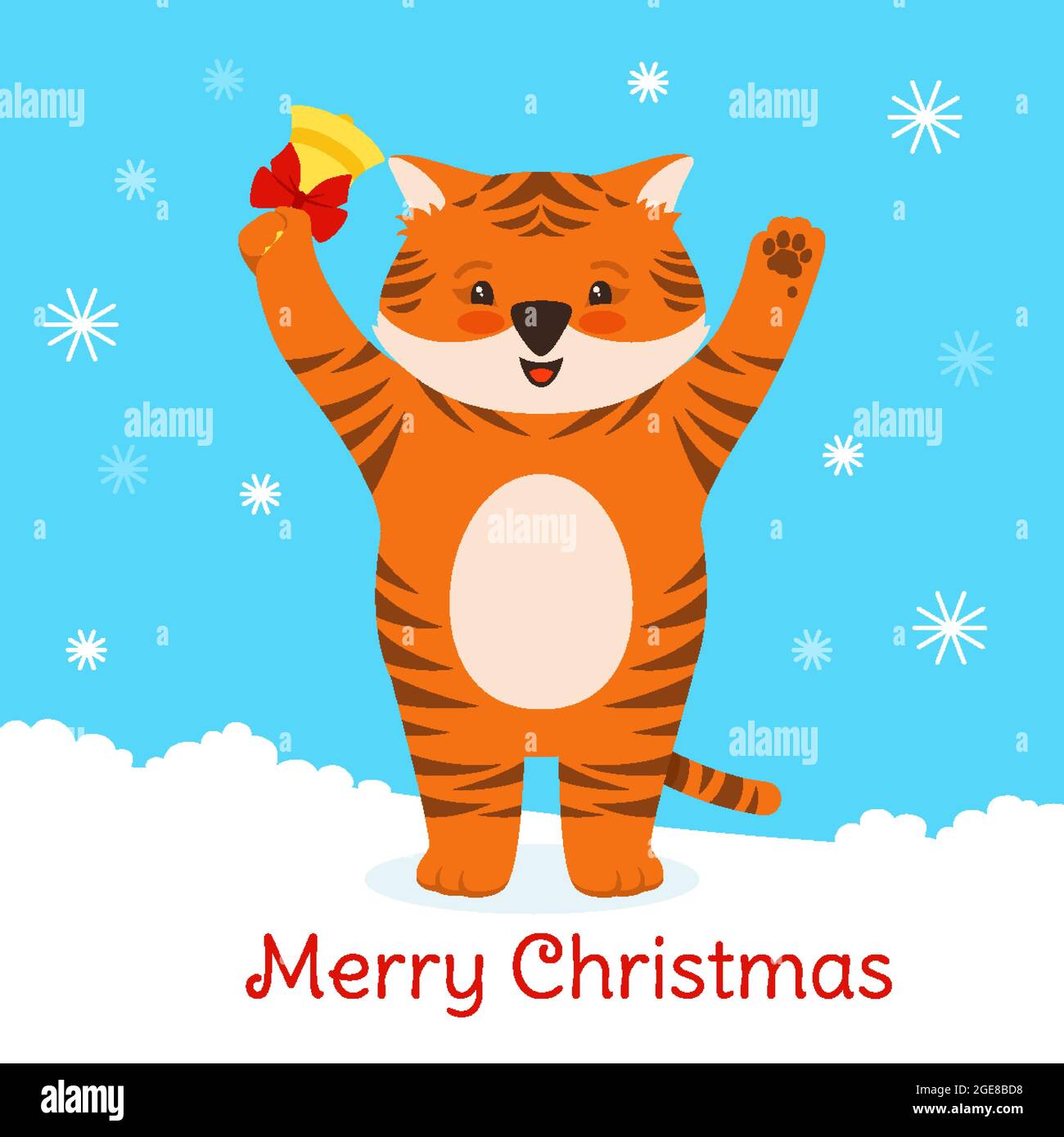Tarjeta de Navidad con la mascota del Tigre de Año Nuevo. Tigre animal en sombrero y campana de Santa Claus, postal plana de dibujos animados. Banner cómico lindo raya gato grande, símbolo Tarjeta de Navidad con la mascota del Tigre de Año Nuevo. Tigre animal en sombrero y campana de Santa Claus, postal plana de dibujos animados. Banner cómico lindo raya gato grande, símbolo