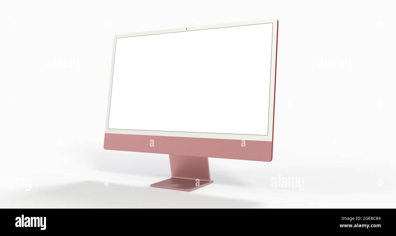 Monitor de ordenador rosa con copyspace en la pantalla blanca