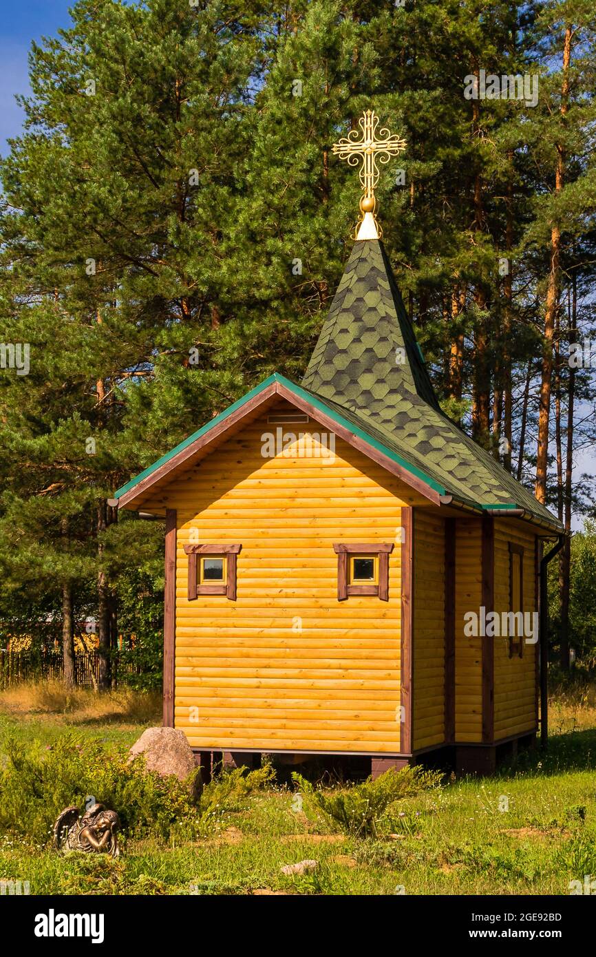 una pequeña casa de la iglesia en el fondo de pinos Foto de stock