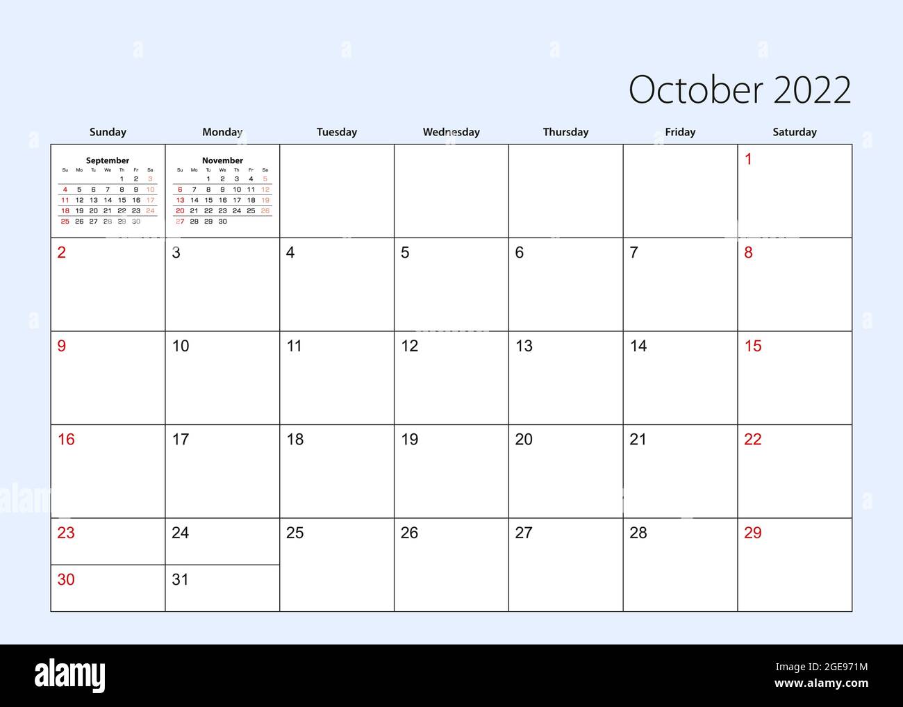 Agenda del calendario del muro para octubre de 2022. Idioma inglés, la  semana comienza el domingo. Plantilla vectorial Imagen Vector de stock -  Alamy