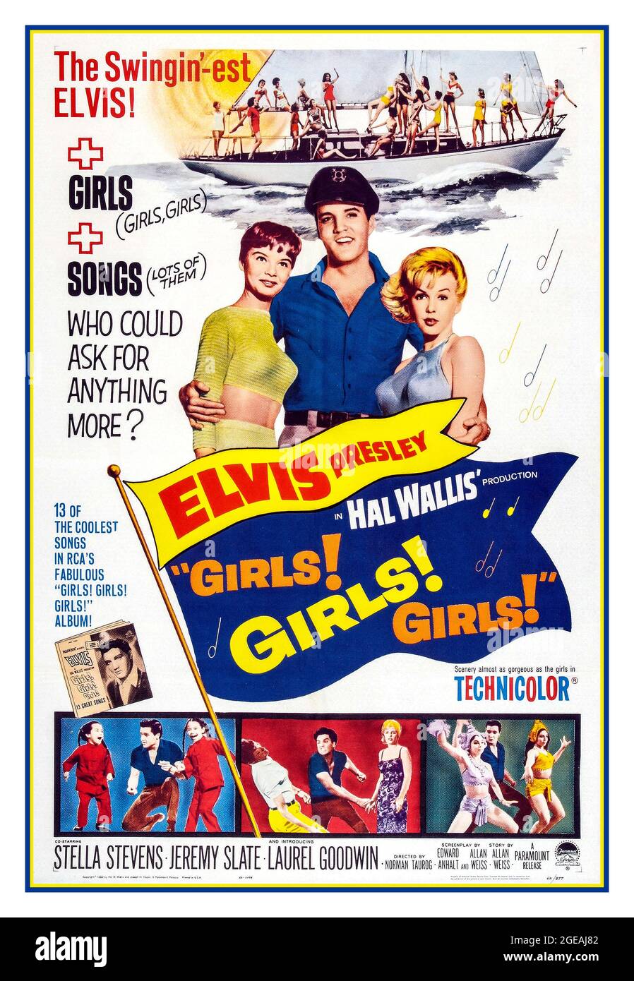 Vintage 1962 Elvis Presley Movie Cartel 'Girls Girls Girls Girls Girls protagonizada por Elvis Presley Stella Stevens Jeremy Slate Laurel Goodwin dirigida por Norman Taurog y producida por Hal Wallis 1962 Golden Globe nominada a la comedia musical estadounidense Foto de stock