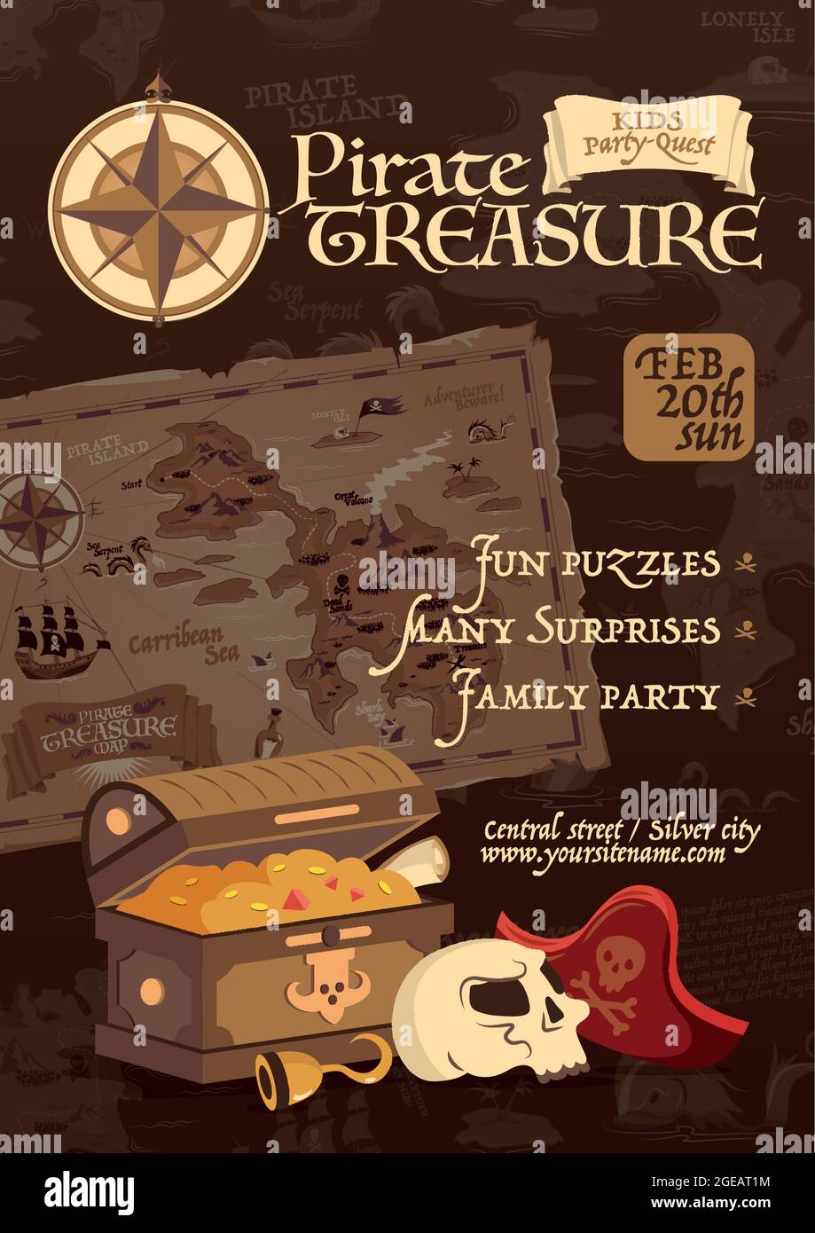 Cartel del tesoro pirata en estilo vintage para la fiesta de la familia y  los niños de la búsqueda de dibujos animados vectores ilustración Imagen  Vector de stock - Alamy