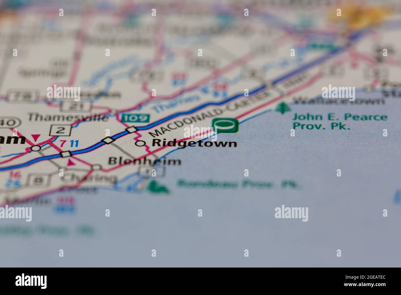 Ridgetown Ontario Canadá se muestra en un mapa de carreteras o mapa