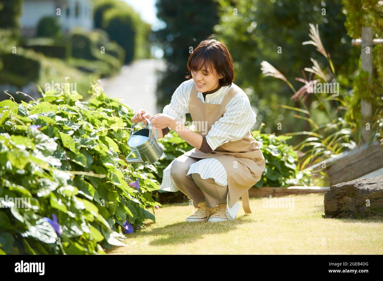 Mujer japonesa trabajando en el jardín Foto de stock
