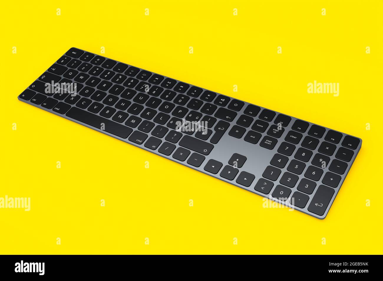 Moderno teclado de ordenador de aluminio oscuro con teclado numérico aislado sobre fondo amarillo. 3D Representación de equipos para oficina en casa y espacio de trabajo Foto de stock