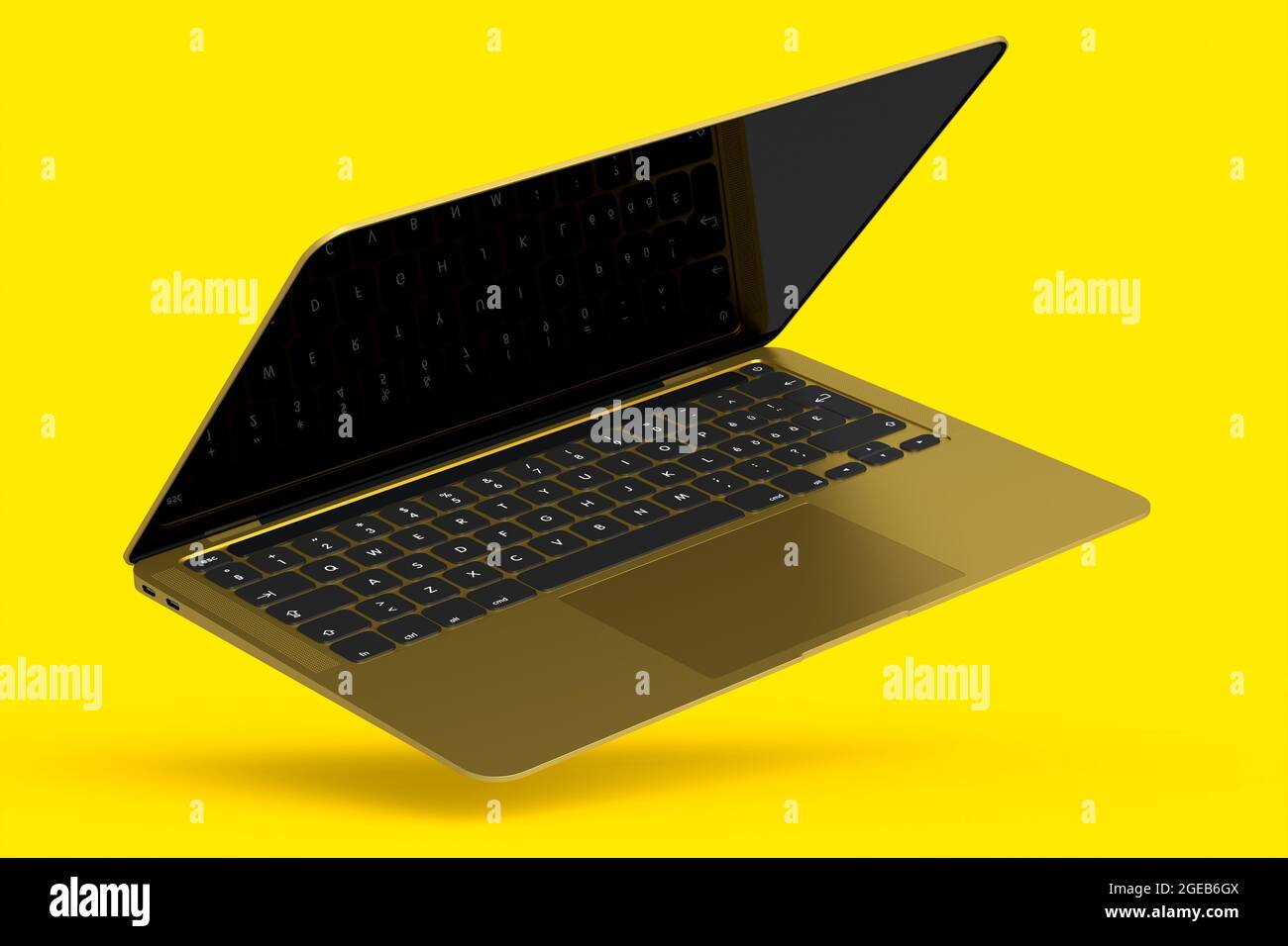 Portátil realista de aluminio dorado con pantalla blanca vacía aislada sobre fondo amarillo. 3D renderizado de ordenador portátil abierto para estudio en casa w Foto de stock