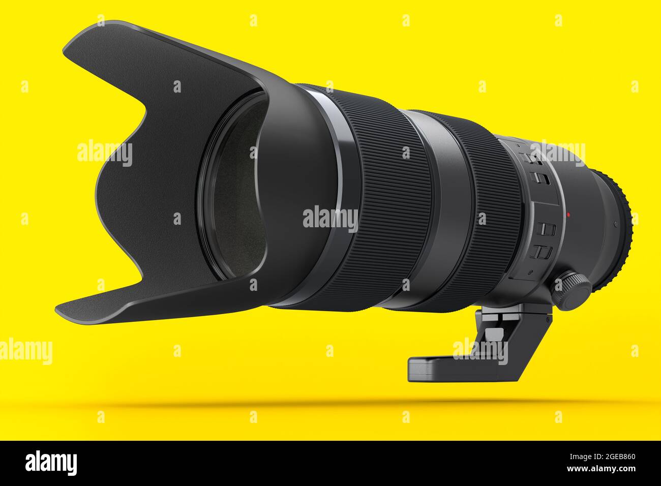 Moderna e inexistente lente de cámara telescópica DSLR sobre fondo amarillo. 3D Representación e ilustración de equipo de fotografía profesional para transmisión en directo Foto de stock