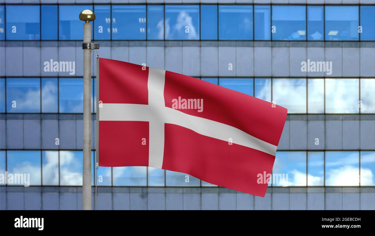 3D, bandera danesa ondeando en el viento con la ciudad moderna rascacielos.  Bandera de Dinamarca soplado de seda suave. Tela textura de tela para el  fondo. Utilícelo para la nat Fotografía de