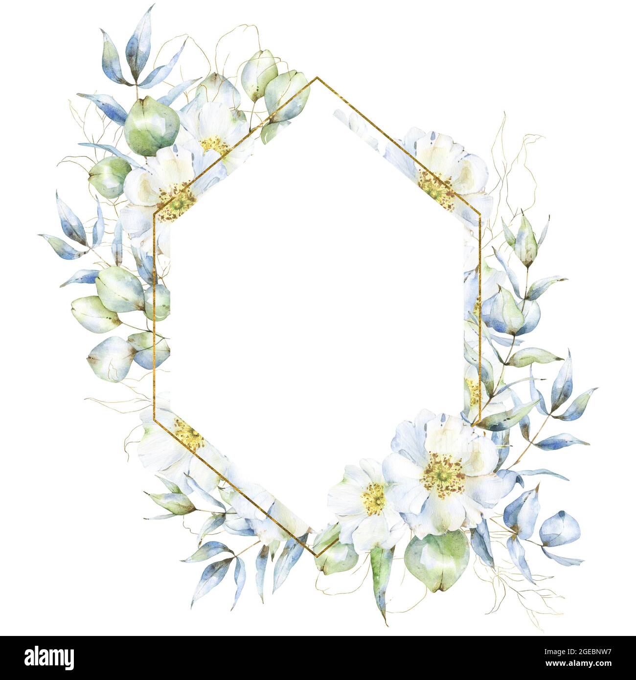Marco de diamante blanco y dorado con ramas de eucalipto acuarela, hojas,  flores de rosa cadera y camarilla floral dorada, para invitaciones de boda,  tarjetas Fotografía de stock - Alamy
